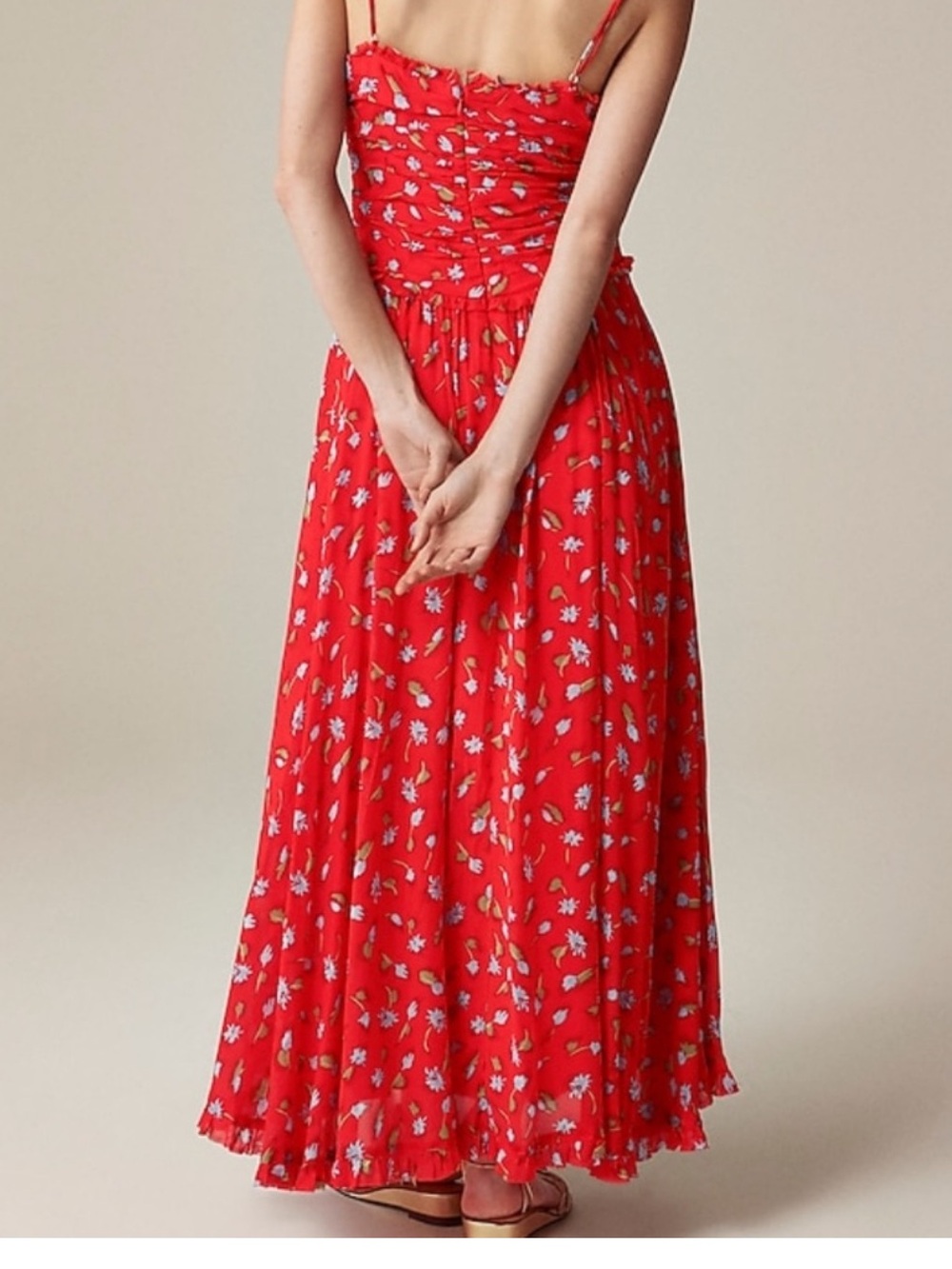 NWT J. Crew Collection Red Floral Spaghetti-Strap Ruched Chiffon Dress - Picture 4 of 9